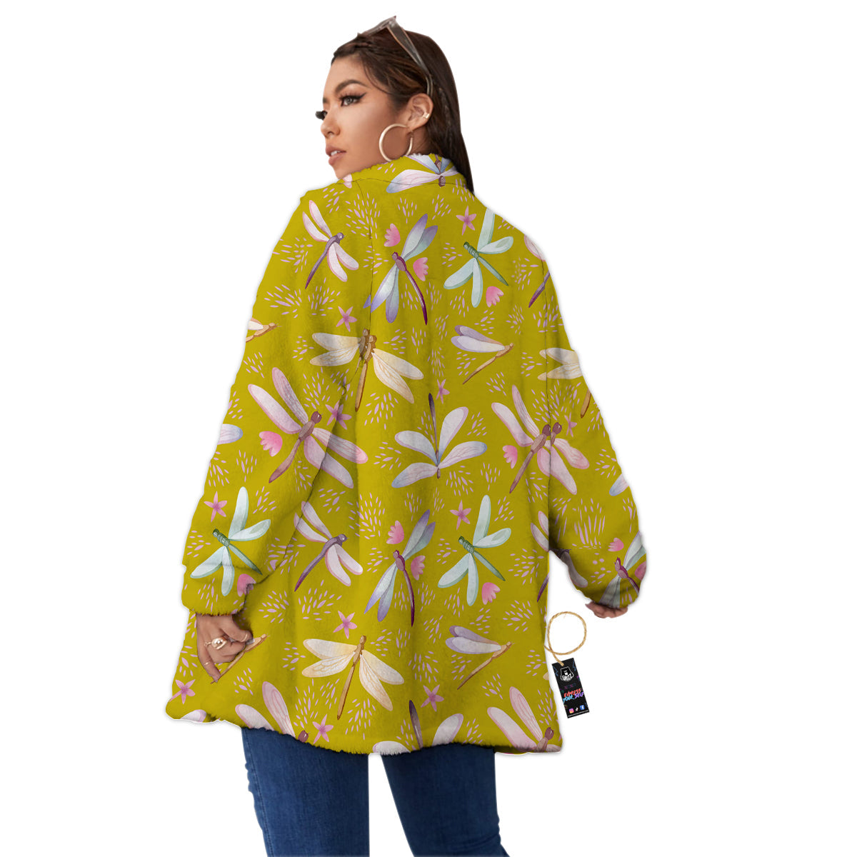 Dragonfly Yellow Watercolor Print Pattern Women's Sherpa Jacket-grizzshop