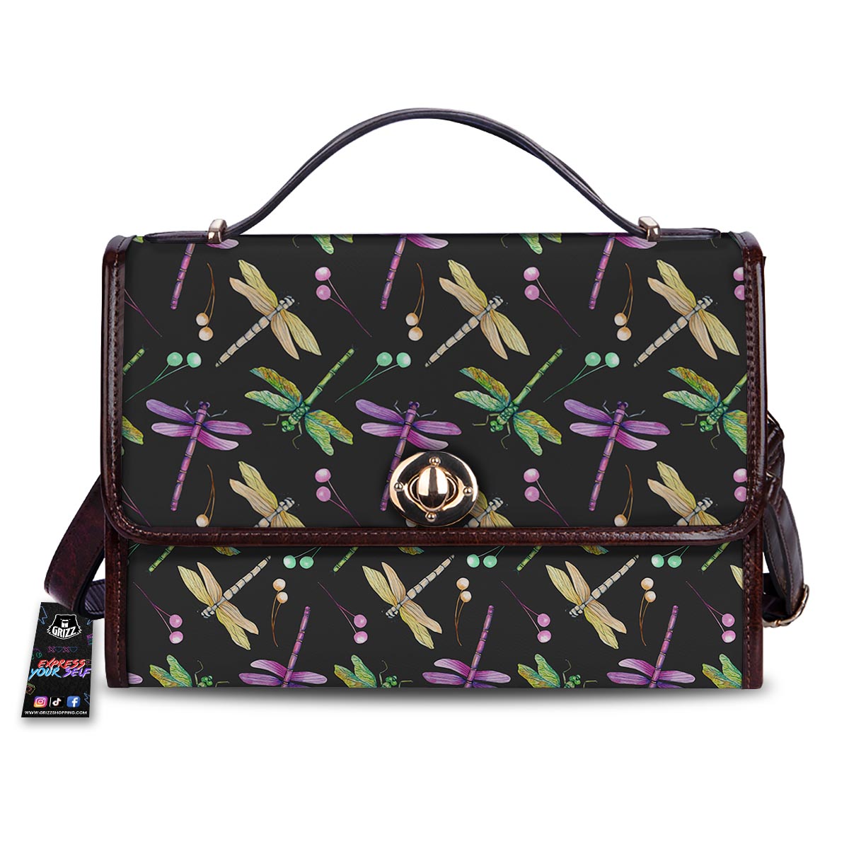 Dragonfly Black Purple And Teal Print Pattern Women's Satchel Bag