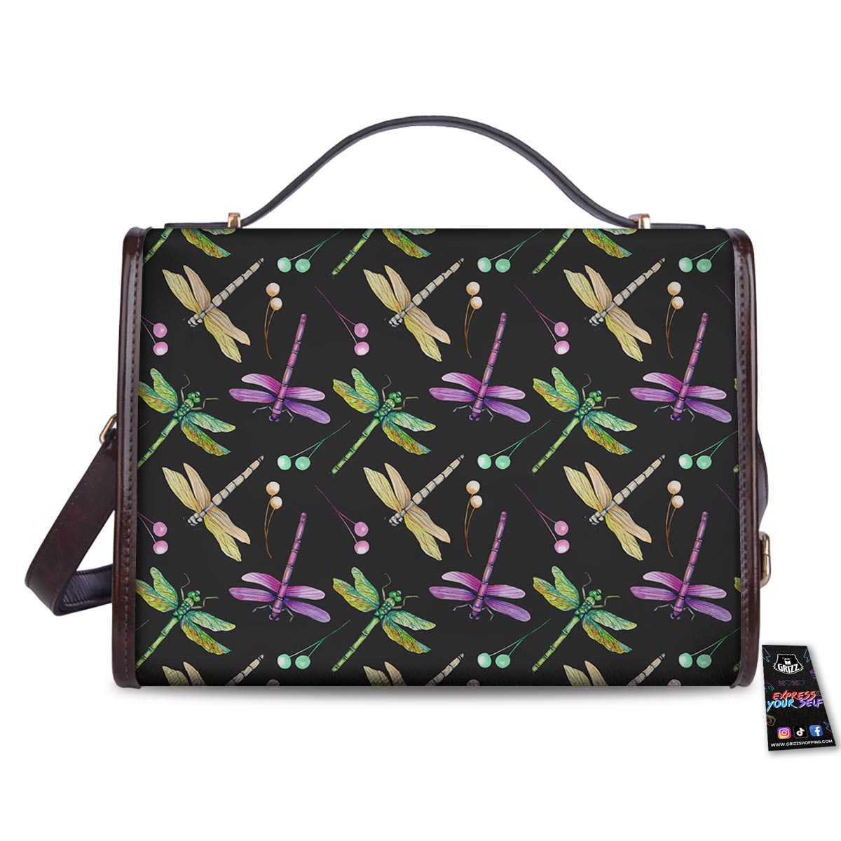 Dragonfly Black Purple And Teal Print Pattern Women's Satchel Bag