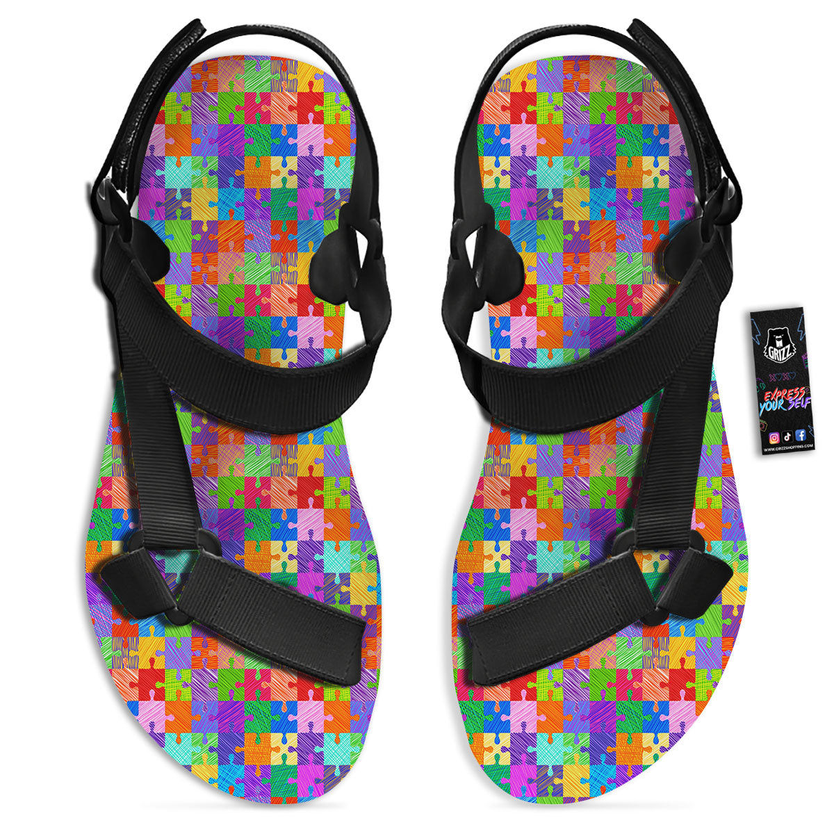 Drawing Autism Awareness Print Black Open Toe Sandals-grizzshop