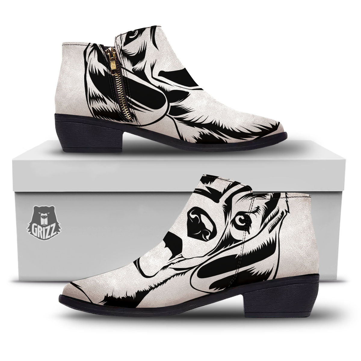 Drawing Beagle White And Black Print Ankle Boots-grizzshop