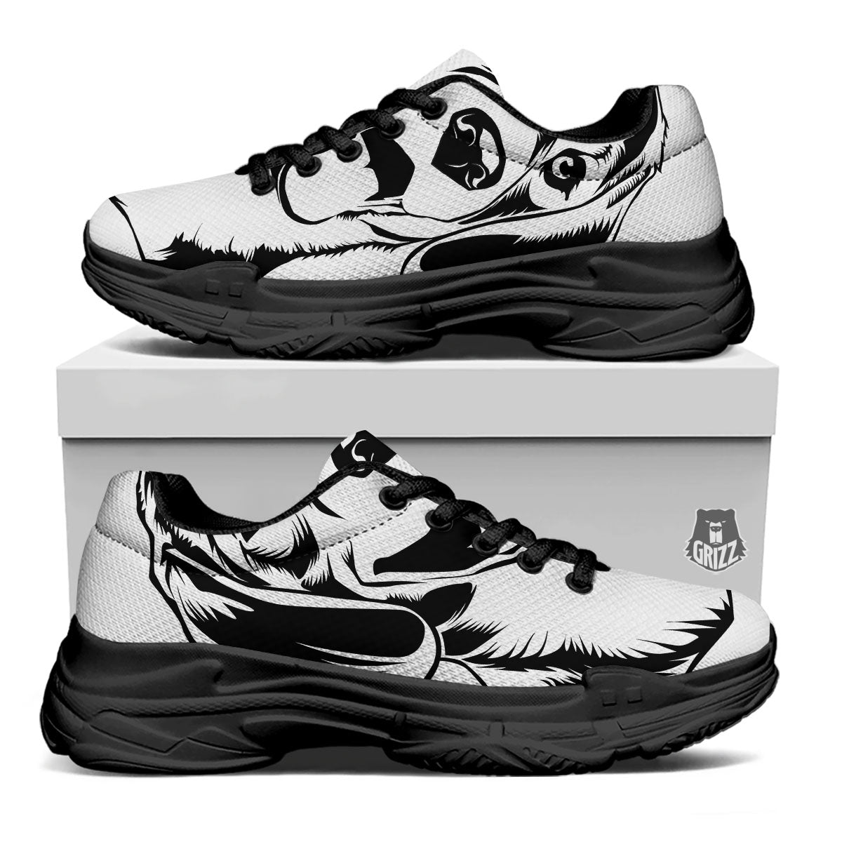 Drawing Beagle White And Black Print Black Chunky Shoes-grizzshop