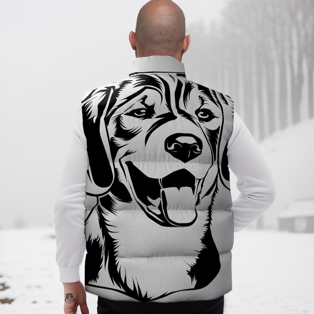 Drawing Beagle White And Black Print Down Vest