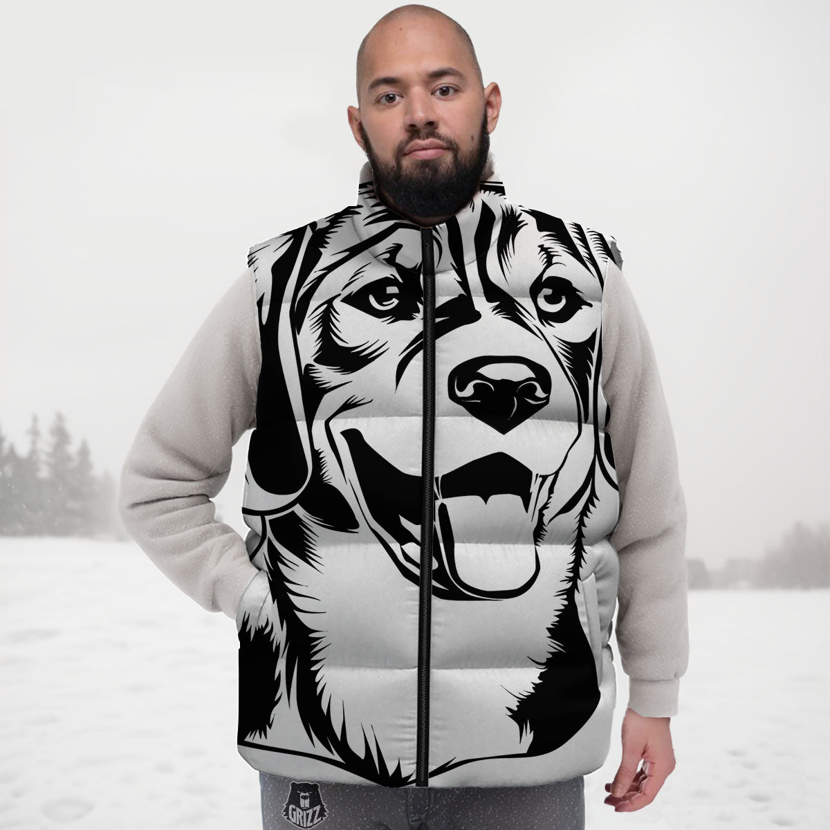 Drawing Beagle White And Black Print Down Vest