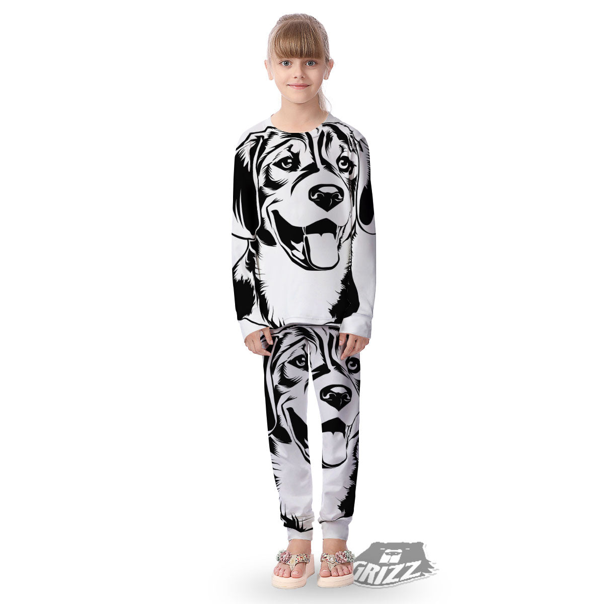 Drawing Beagle White And Black Print Kid's Pajamas-grizzshop