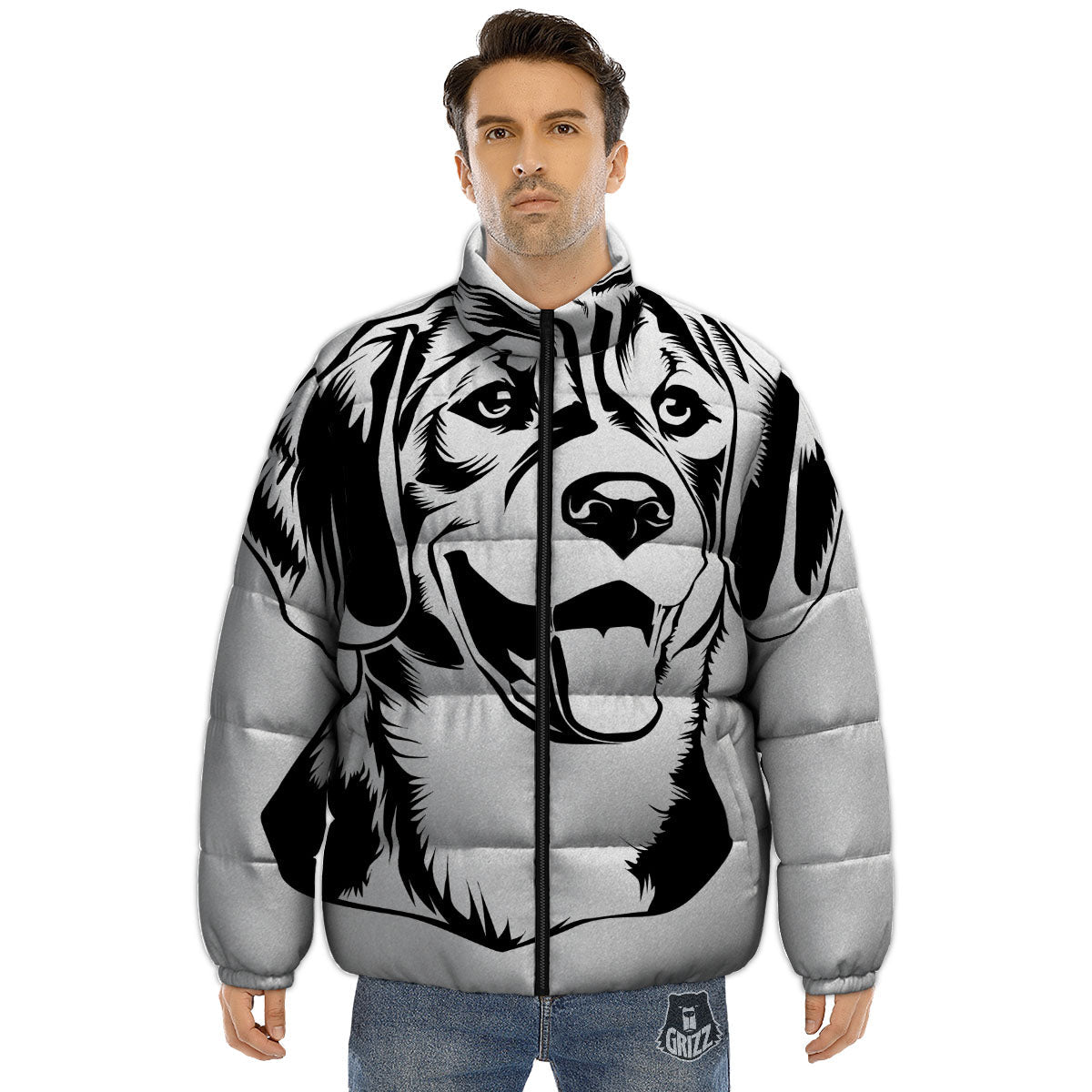 Drawing Beagle White And Black Print Puffer Jacket-grizzshop