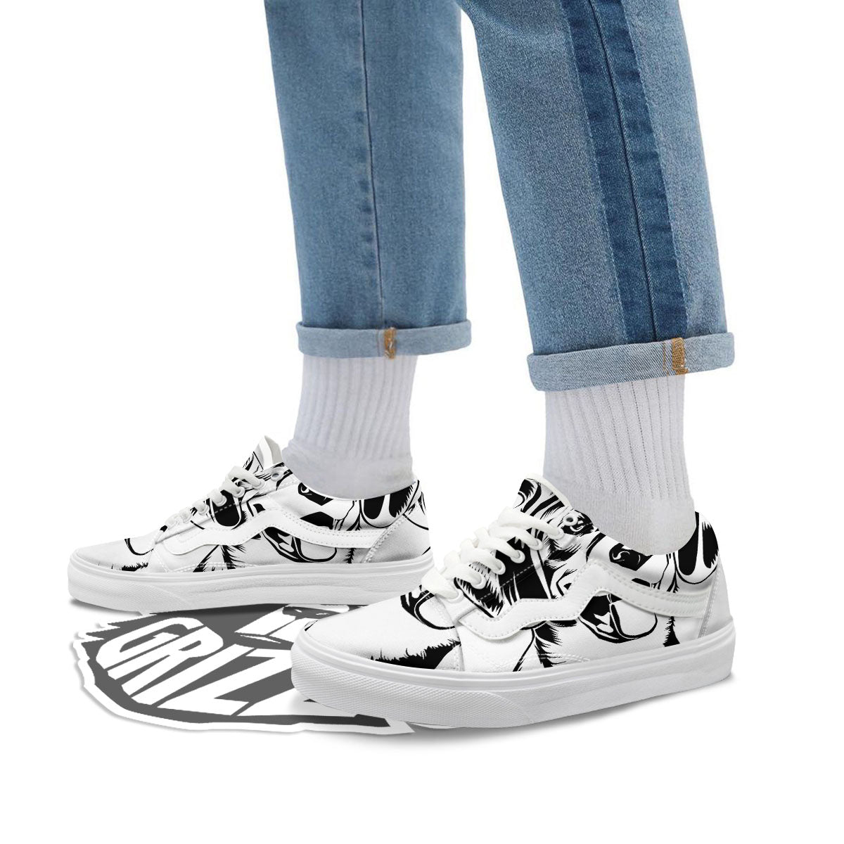 Drawing Beagle White And Black Print Skate Shoes-grizzshop