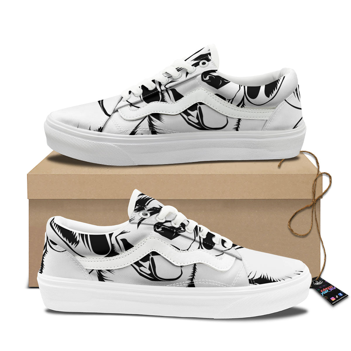 Drawing Beagle White And Black Print Skate Shoes-grizzshop