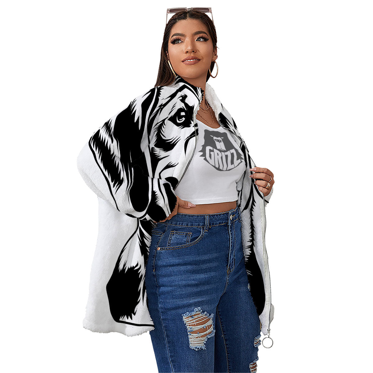 Drawing Beagle White And Black Print Women's Sherpa Jacket-grizzshop