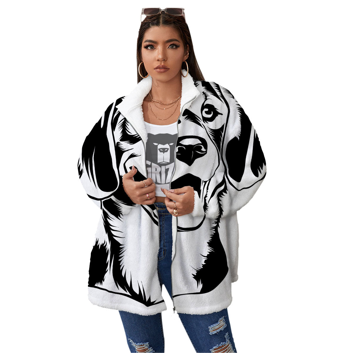 Drawing Beagle White And Black Print Women's Sherpa Jacket-grizzshop