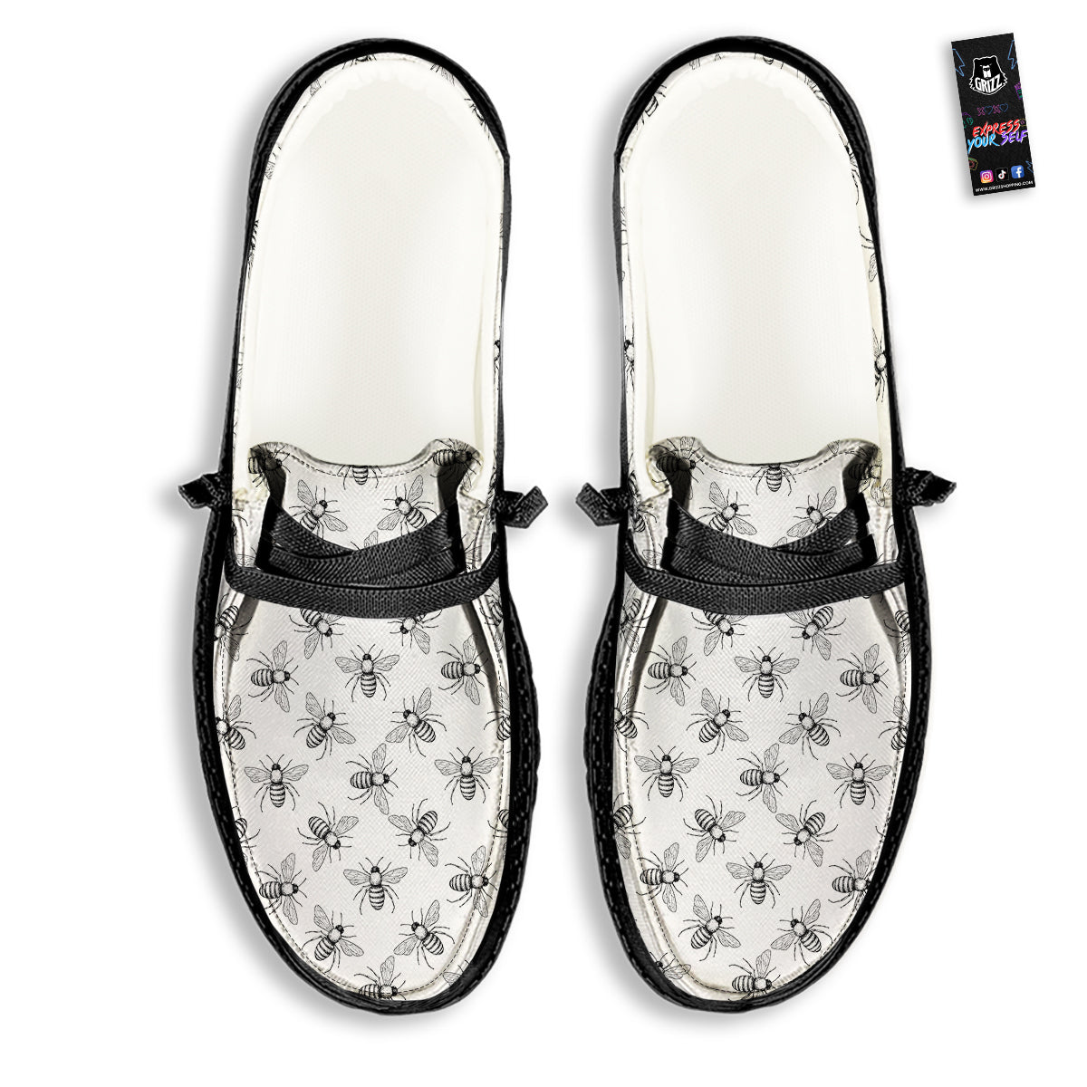 Drawing Bee Print Pattern Black Loafers-grizzshop