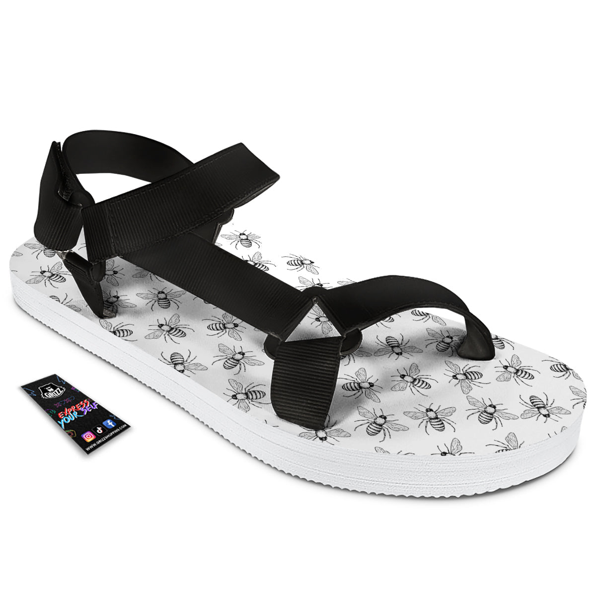 Drawing Bee Print Pattern Black Open Toe Sandals-grizzshop
