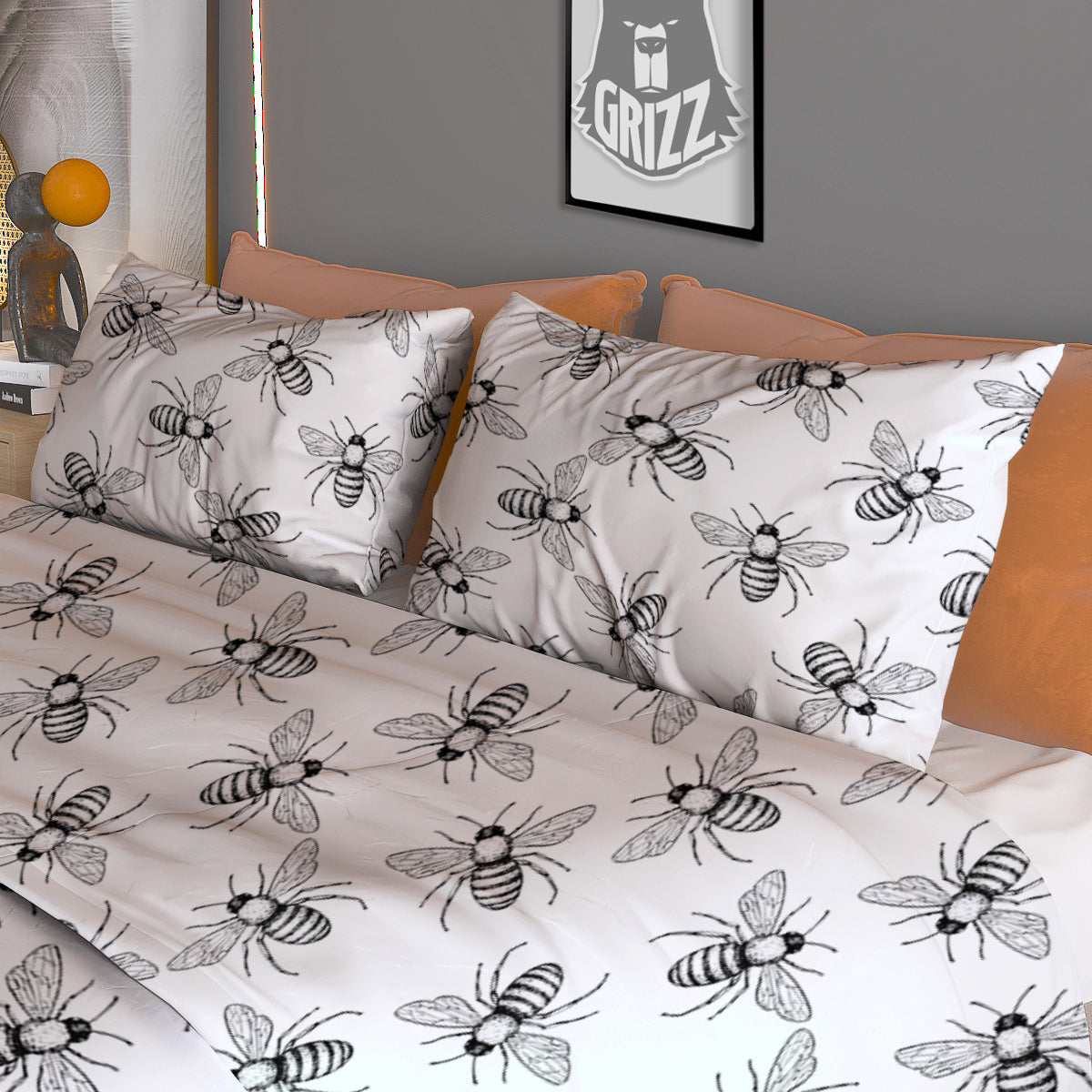 Drawing Bee Print Pattern Duvet Cover Bedding Set