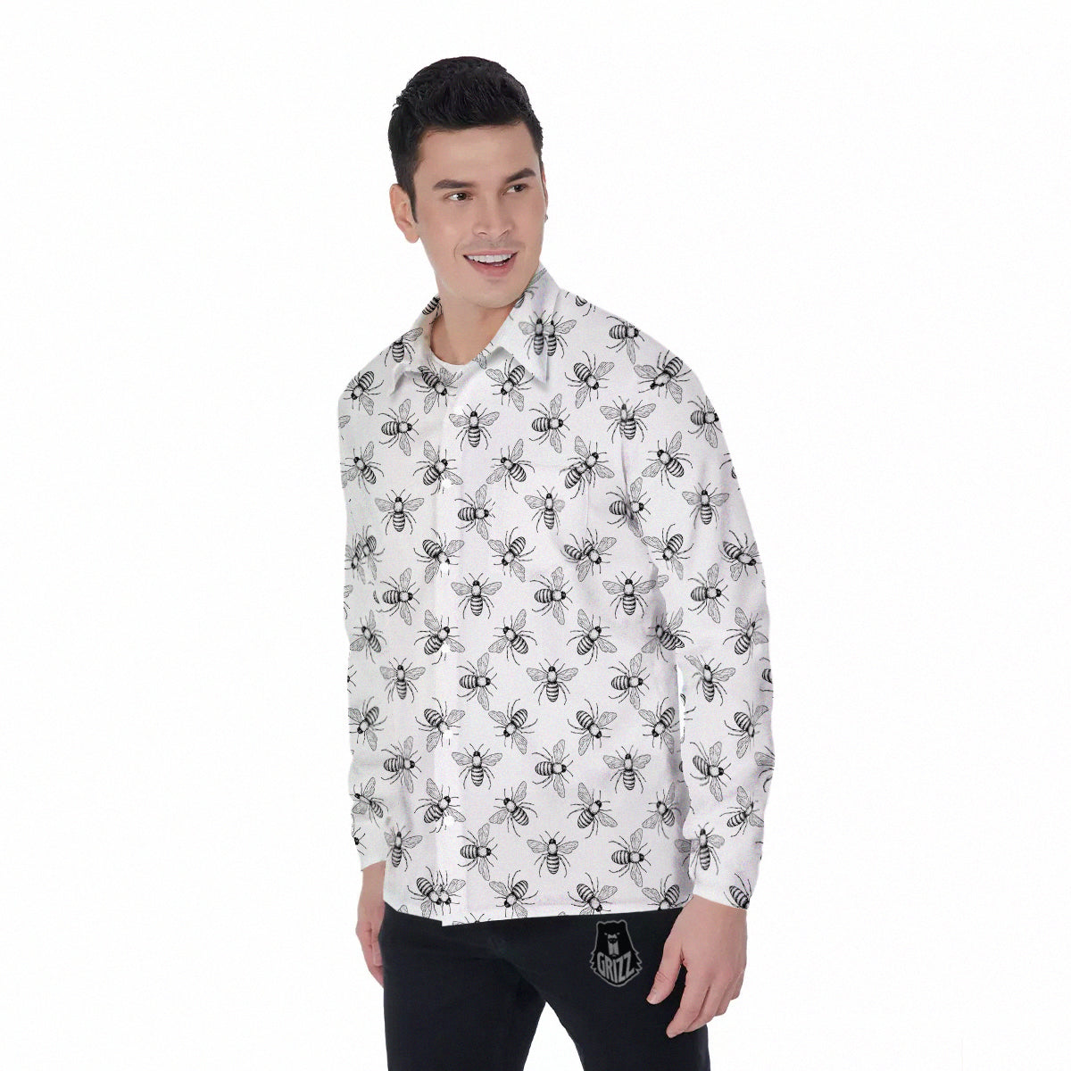 Drawing Bee Print Pattern Men's Long Sleeve Shirts-grizzshop