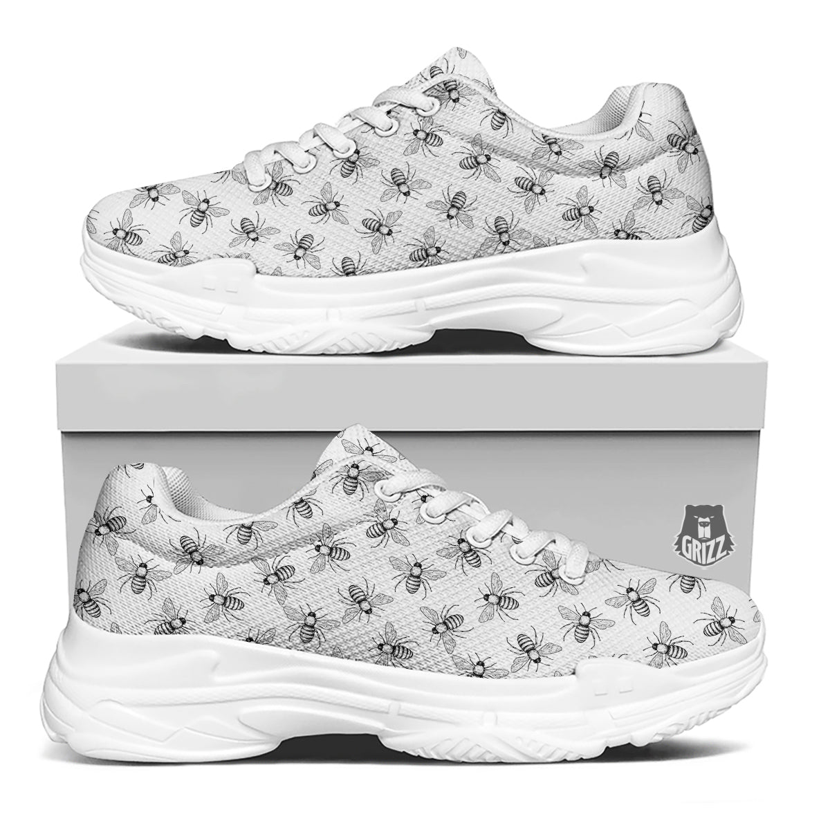 Drawing Bee Print Pattern White Chunky Shoes-grizzshop