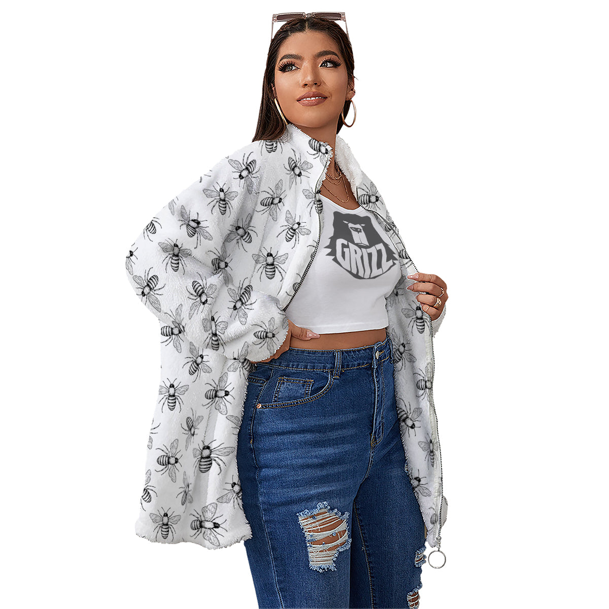Drawing Bee Print Pattern Women's Sherpa Jacket-grizzshop