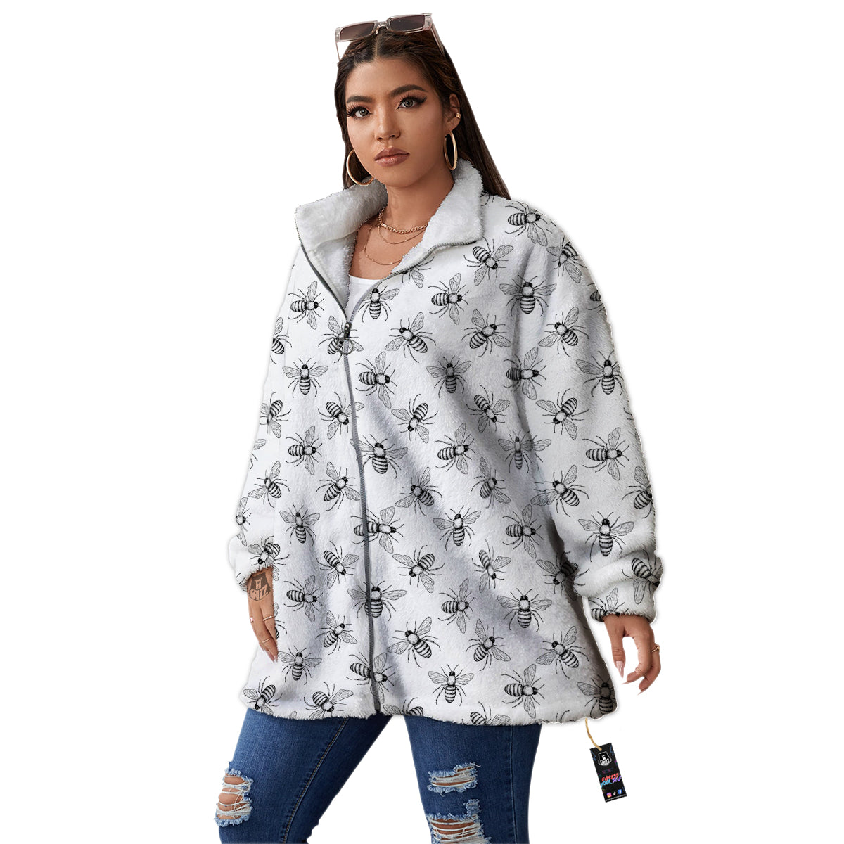 Drawing Bee Print Pattern Women's Sherpa Jacket-grizzshop