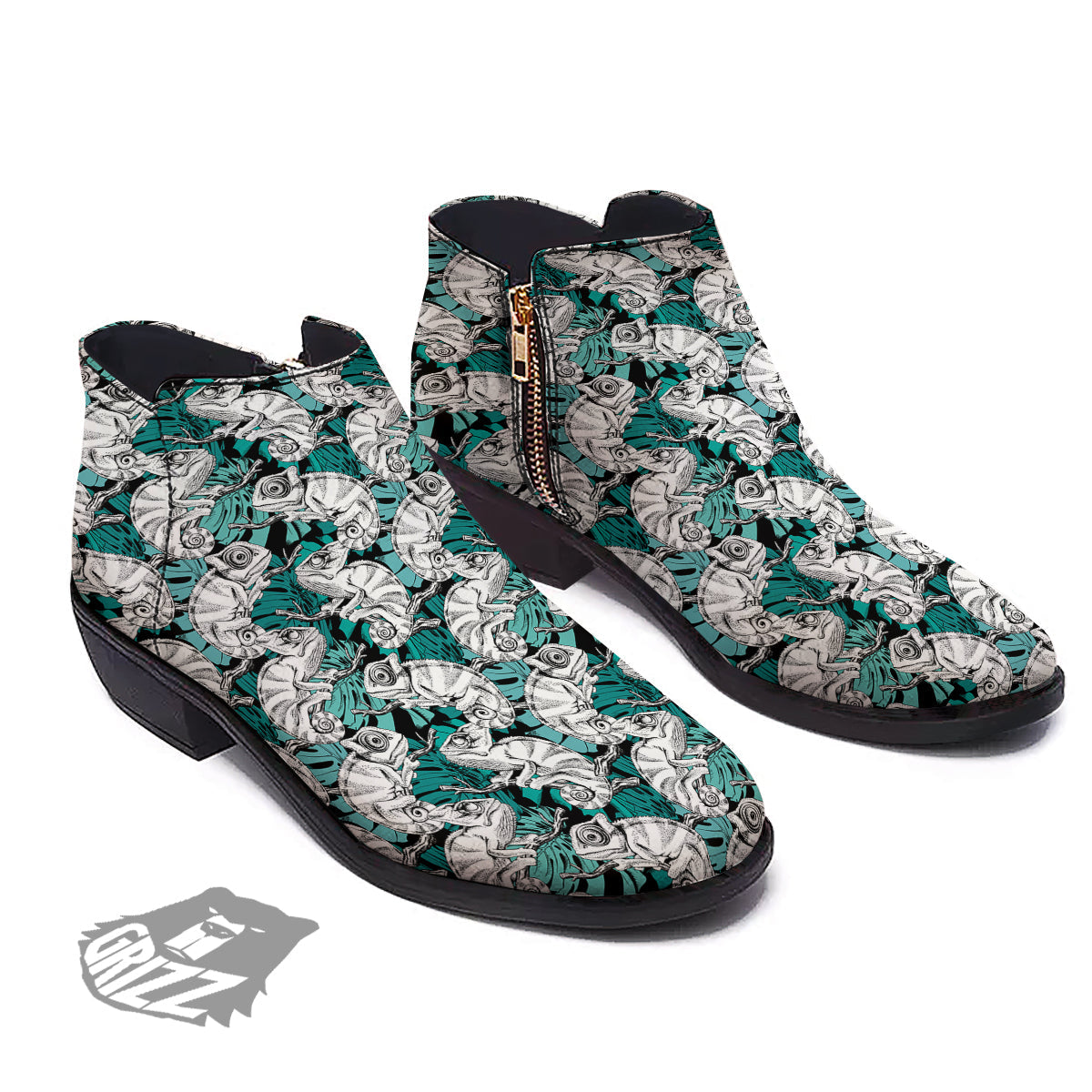Drawing Chameleon And Monstera Leaf Print Pattern Ankle Boots-grizzshop