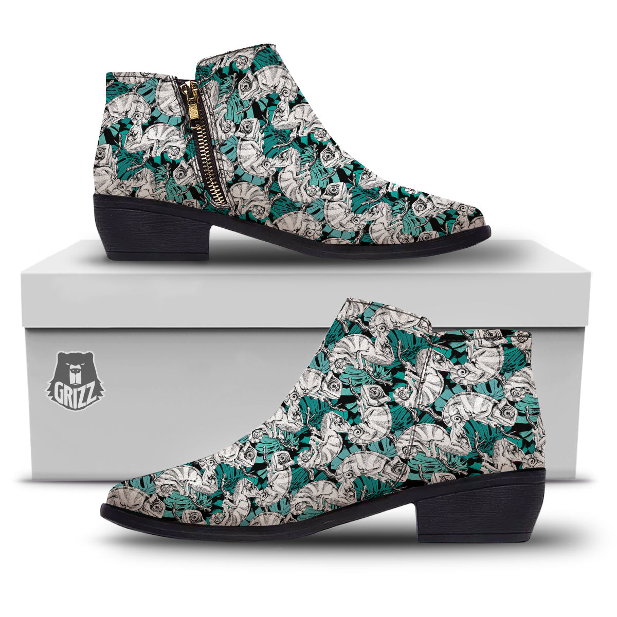 Drawing Chameleon And Monstera Leaf Print Pattern Ankle Boots-grizzshop
