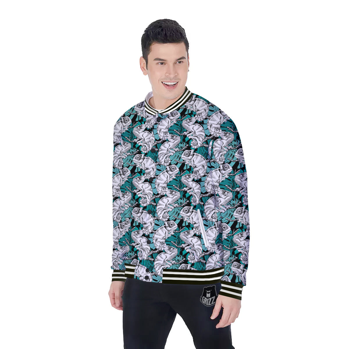 Drawing Chameleon And Monstera Leaf Print Pattern Baseball Jacket-grizzshop