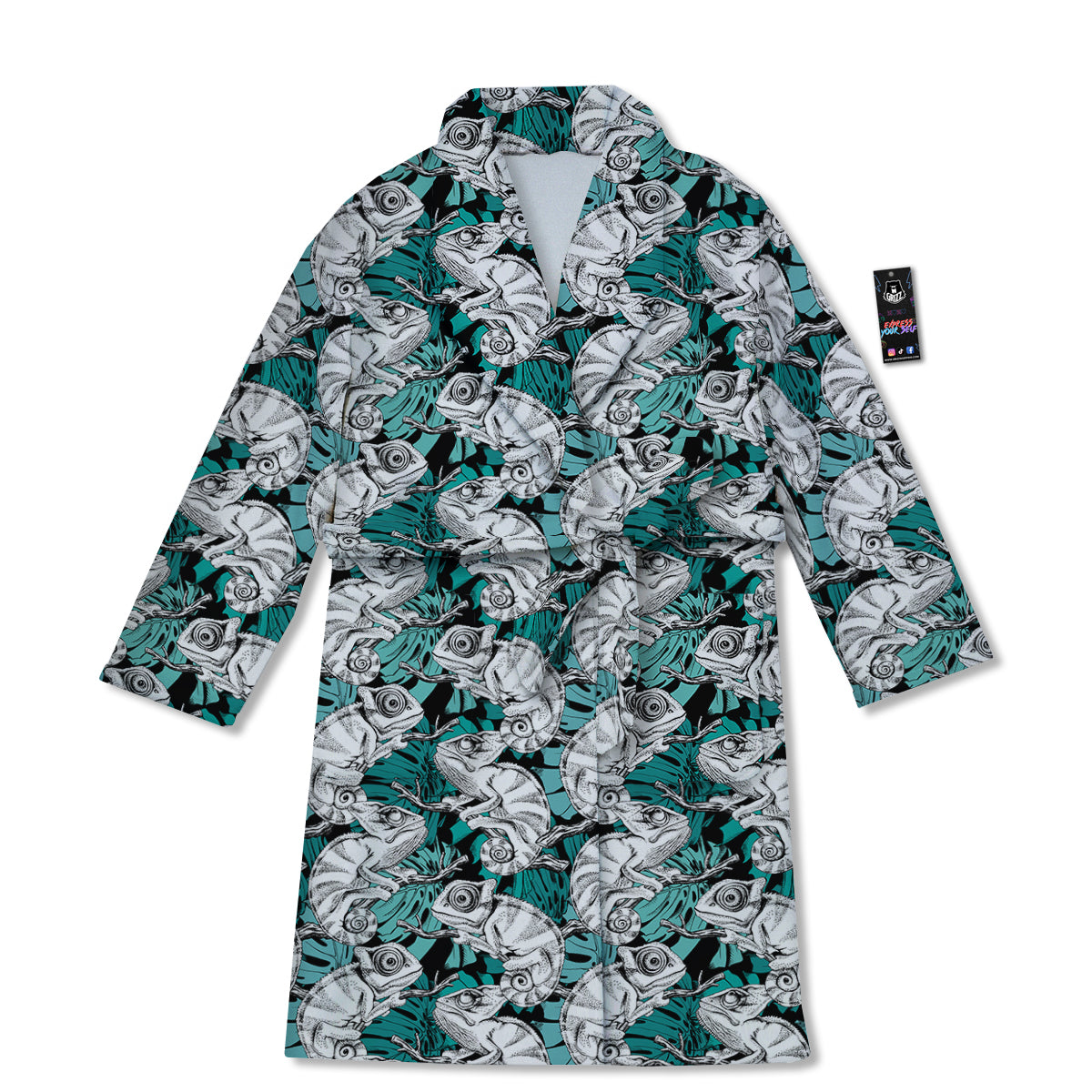 Drawing Chameleon And Monstera Leaf Print Pattern Bathrobe-grizzshop