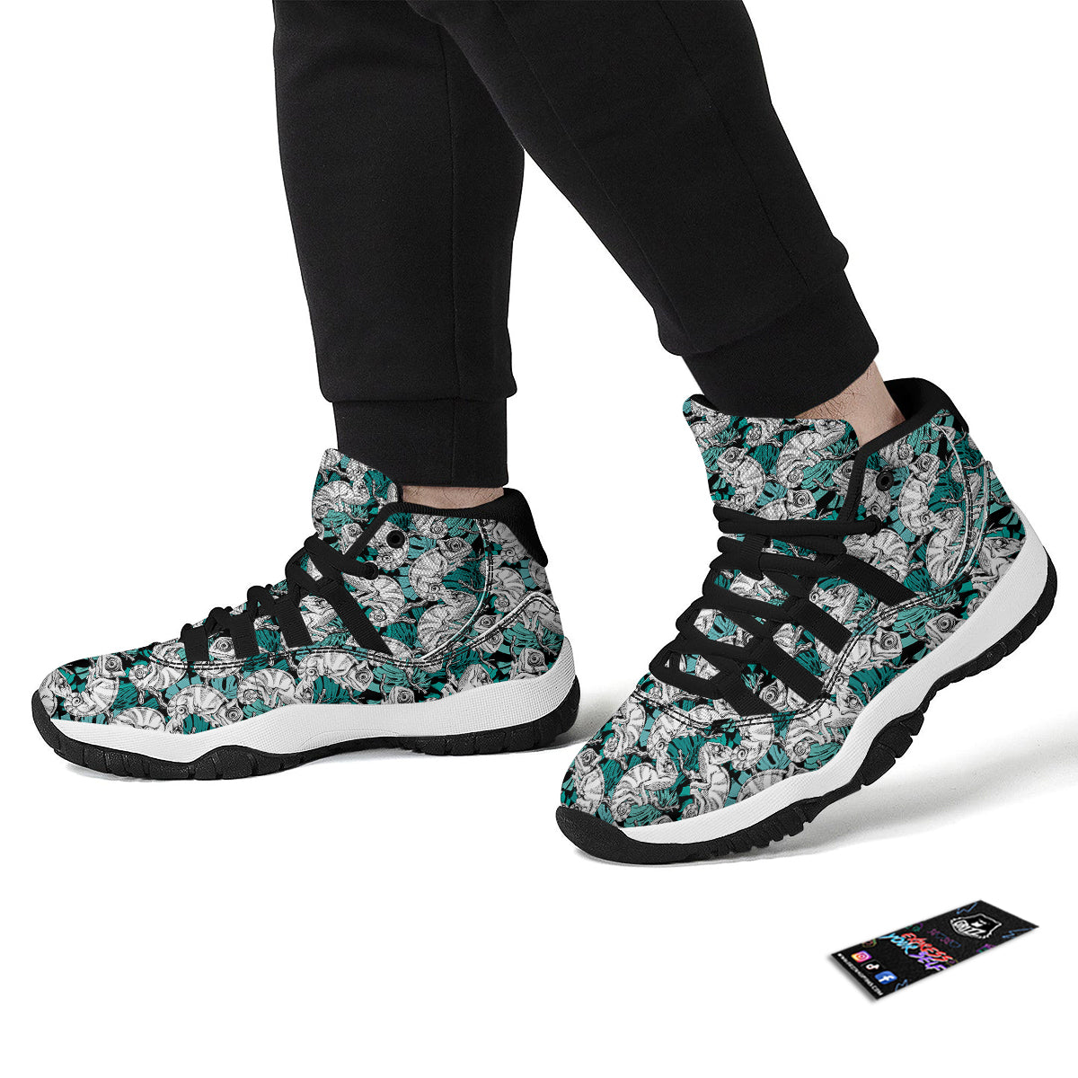 Drawing Chameleon And Monstera Leaf Print Pattern Black Bball Shoes-grizzshop
