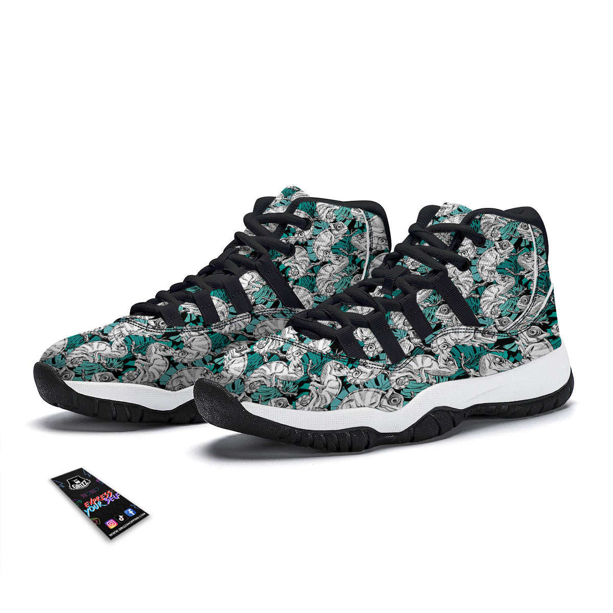 Drawing Chameleon And Monstera Leaf Print Pattern Black Bball Shoes-grizzshop