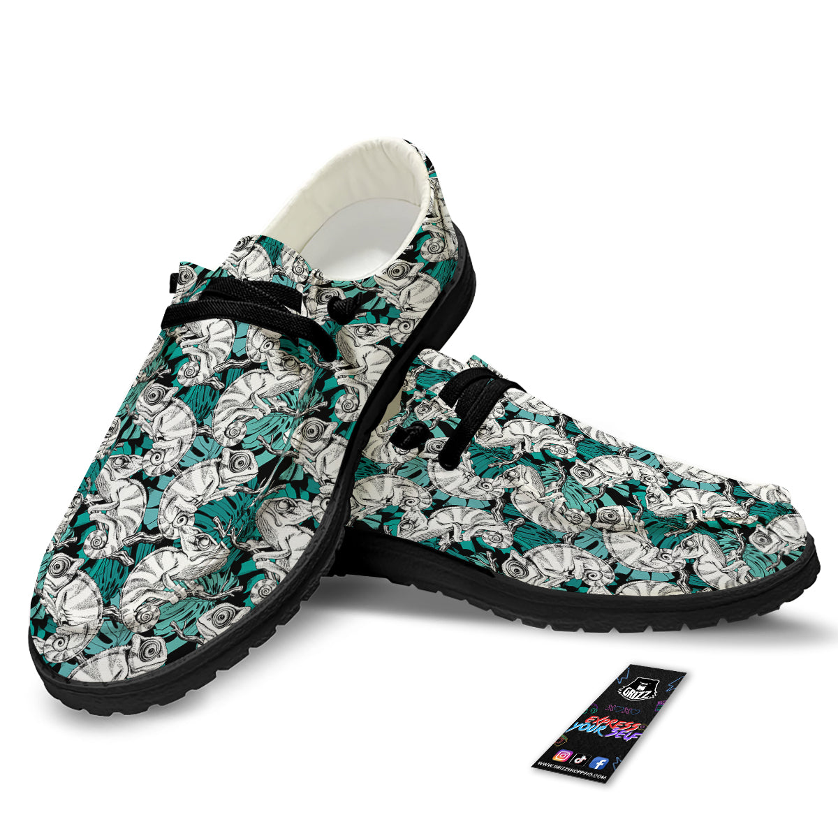 Drawing Chameleon And Monstera Leaf Print Pattern Black Loafers-grizzshop