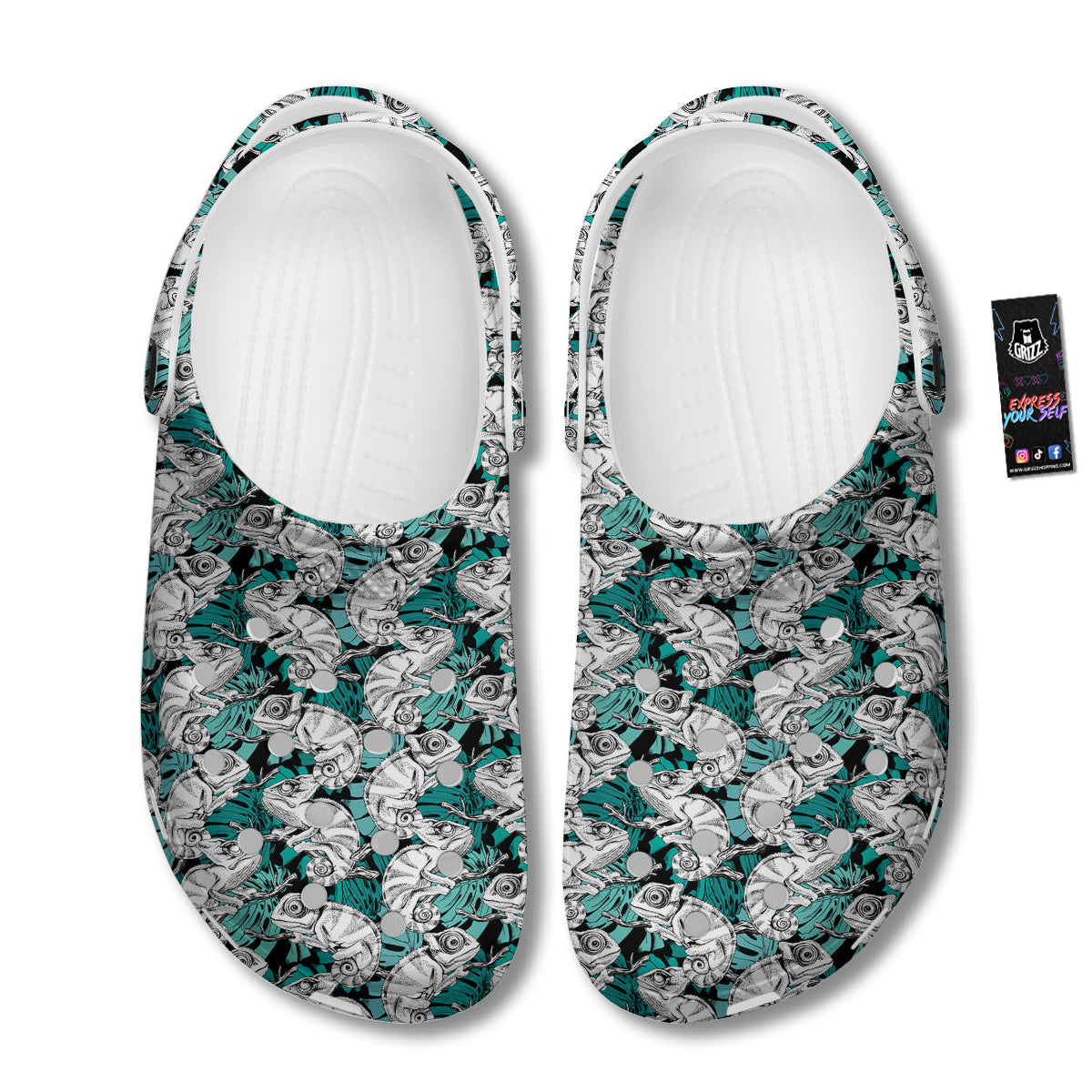 Drawing Chameleon And Monstera Leaf Print Pattern Clog-grizzshop