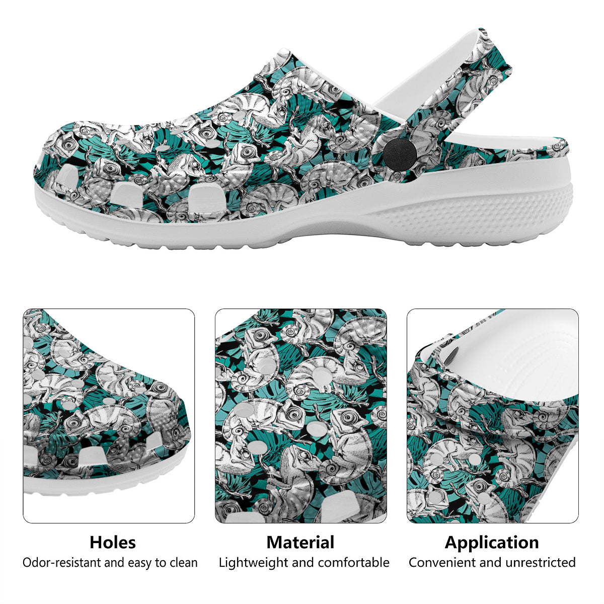 Drawing Chameleon And Monstera Leaf Print Pattern Clog-grizzshop