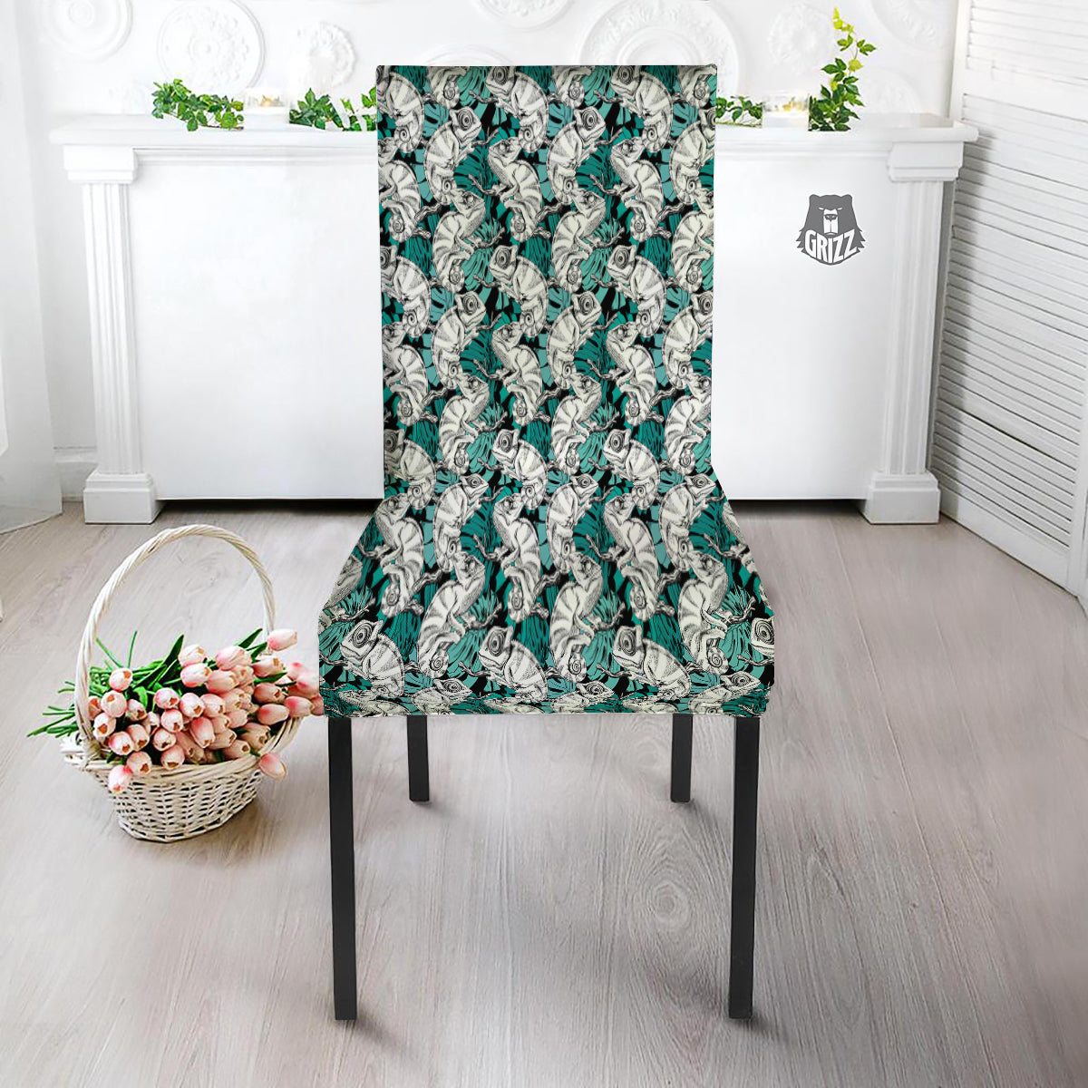 Drawing Chameleon And Monstera Leaf Print Pattern Dining Chair Slipcover-grizzshop