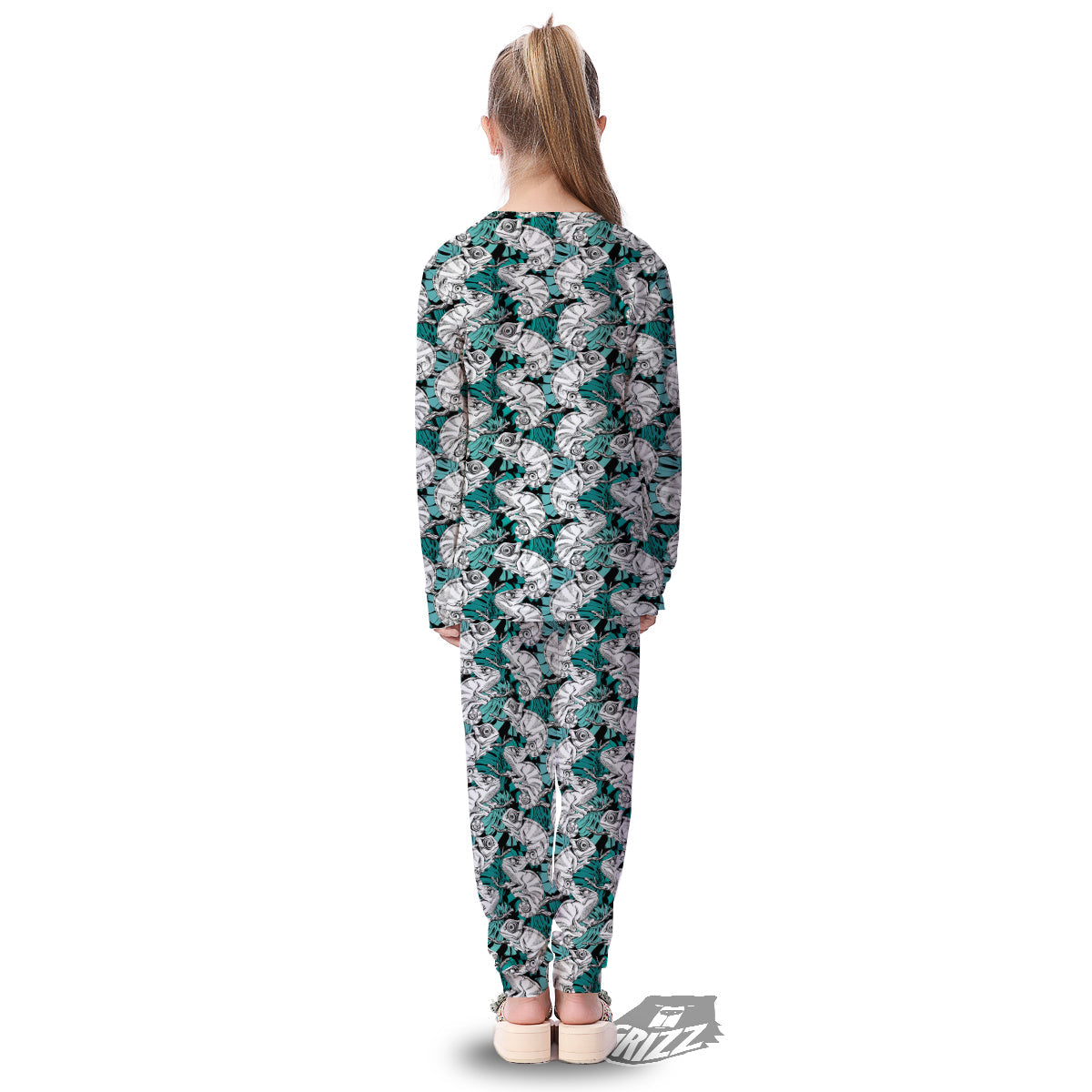 Drawing Chameleon And Monstera Leaf Print Pattern Kid's Pajamas-grizzshop