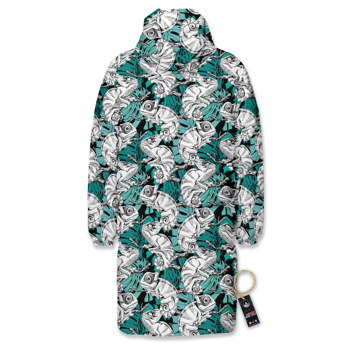 Drawing Chameleon And Monstera Leaf Print Pattern Long Down Jacket-grizzshop