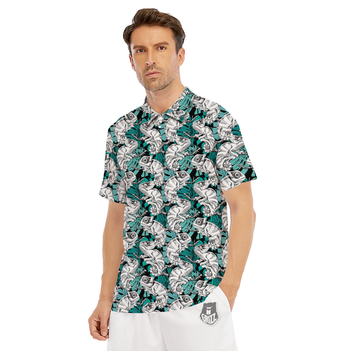 Drawing Chameleon And Monstera Leaf Print Pattern Men's Golf Shirts-grizzshop