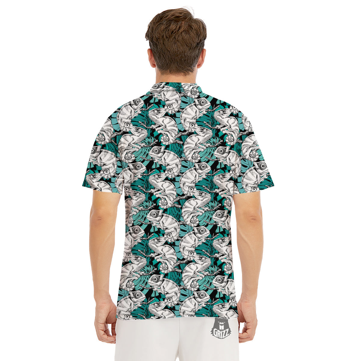 Drawing Chameleon And Monstera Leaf Print Pattern Men's Golf Shirts-grizzshop