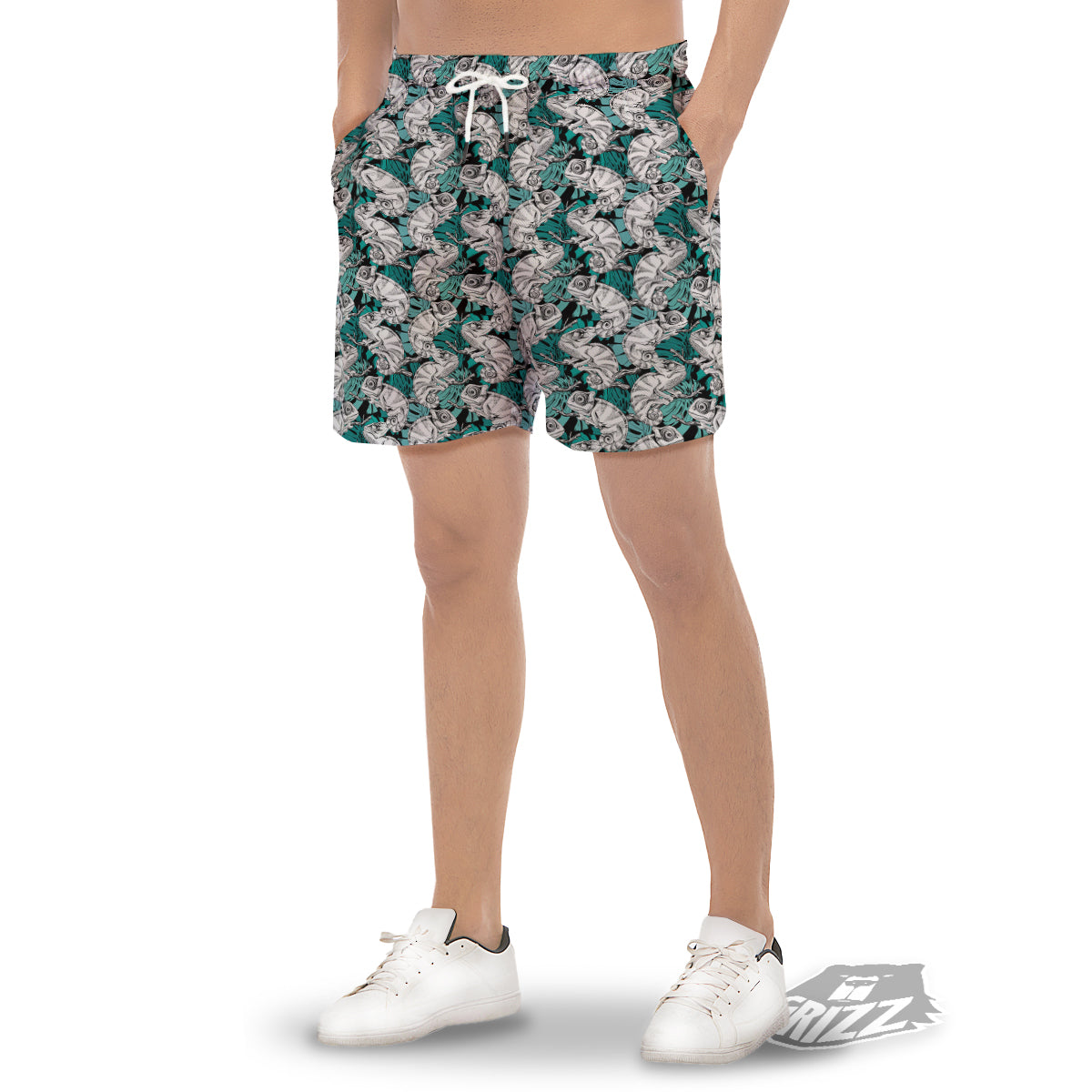 Drawing Chameleon And Monstera Leaf Print Pattern Men's Gym Shorts-grizzshop