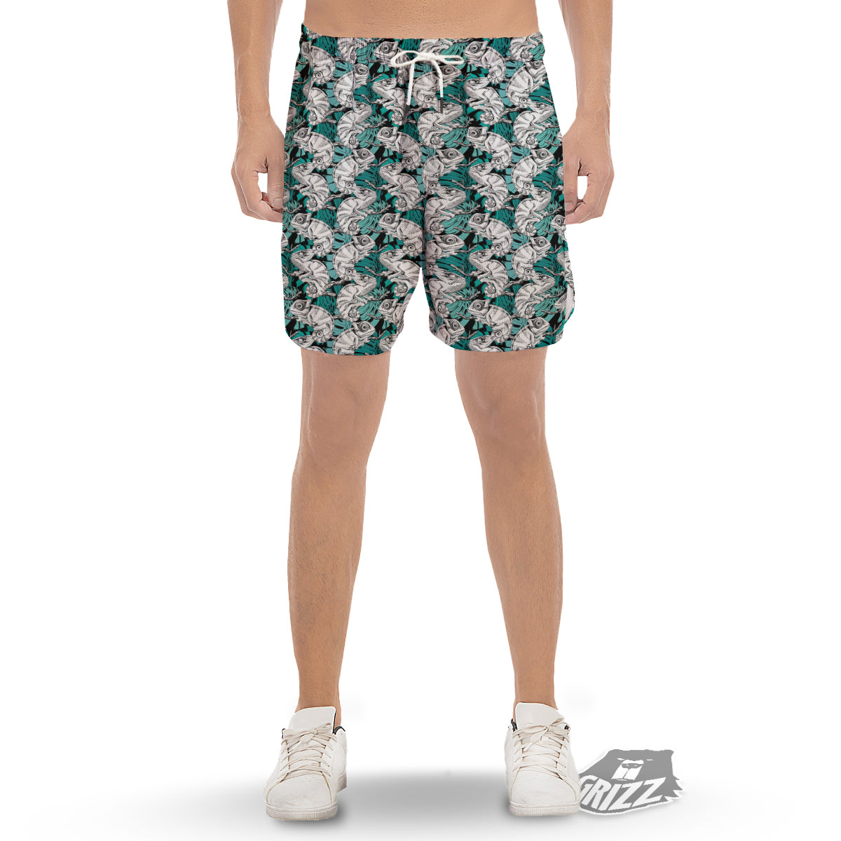 Drawing Chameleon And Monstera Leaf Print Pattern Men's Gym Shorts-grizzshop