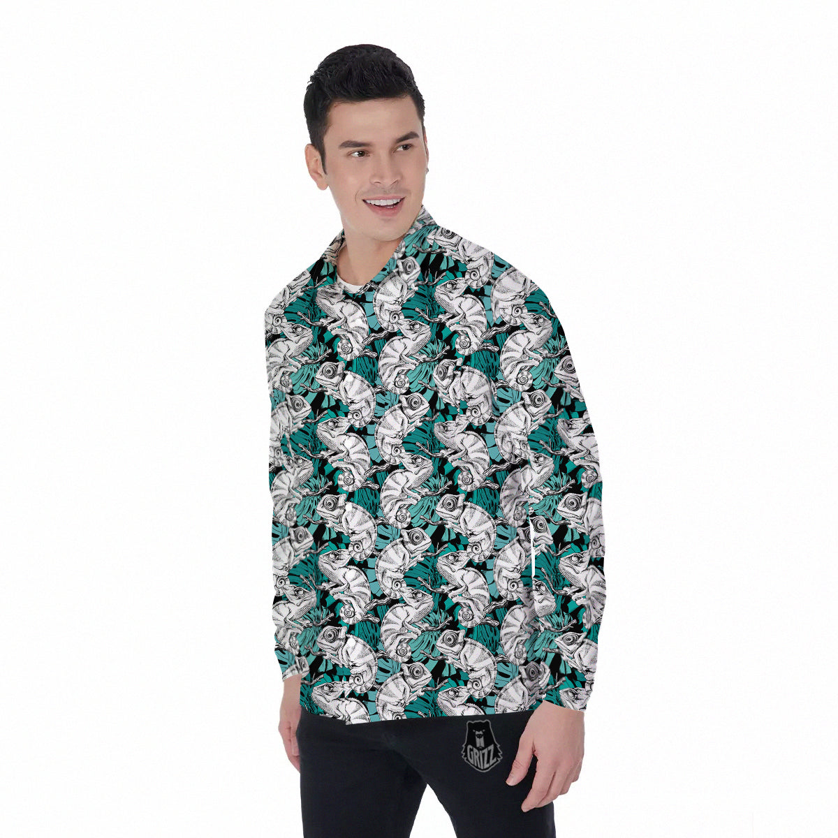 Drawing Chameleon And Monstera Leaf Print Pattern Men's Long Sleeve Shirts-grizzshop