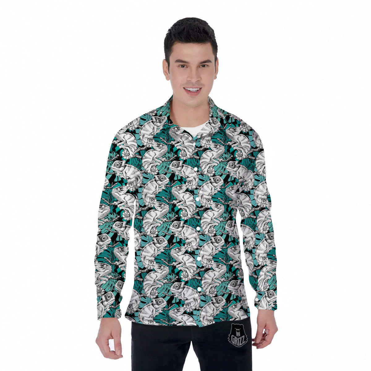 Drawing Chameleon And Monstera Leaf Print Pattern Men's Long Sleeve Shirts-grizzshop
