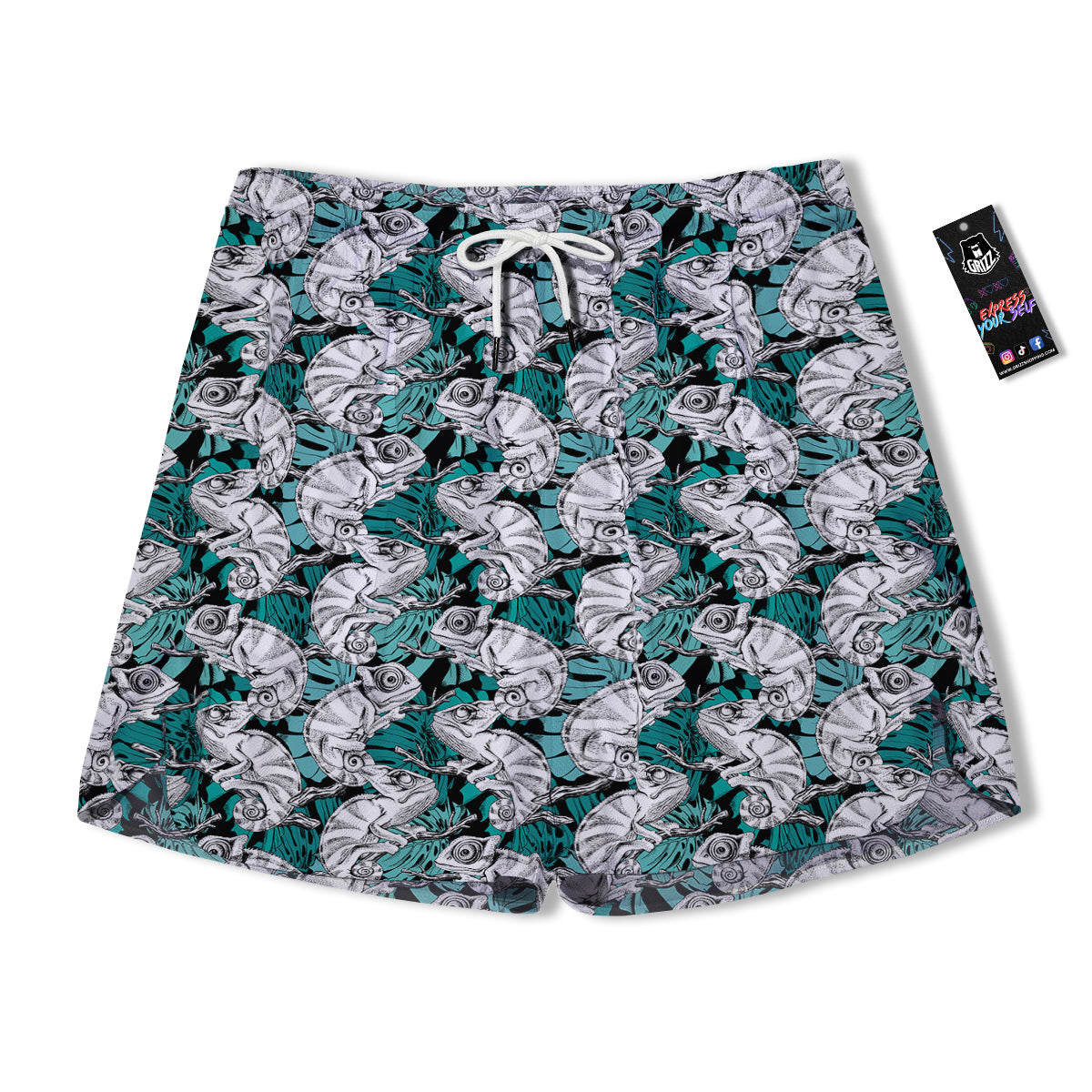 Drawing Chameleon And Monstera Leaf Print Pattern Men's Running Shorts-grizzshop