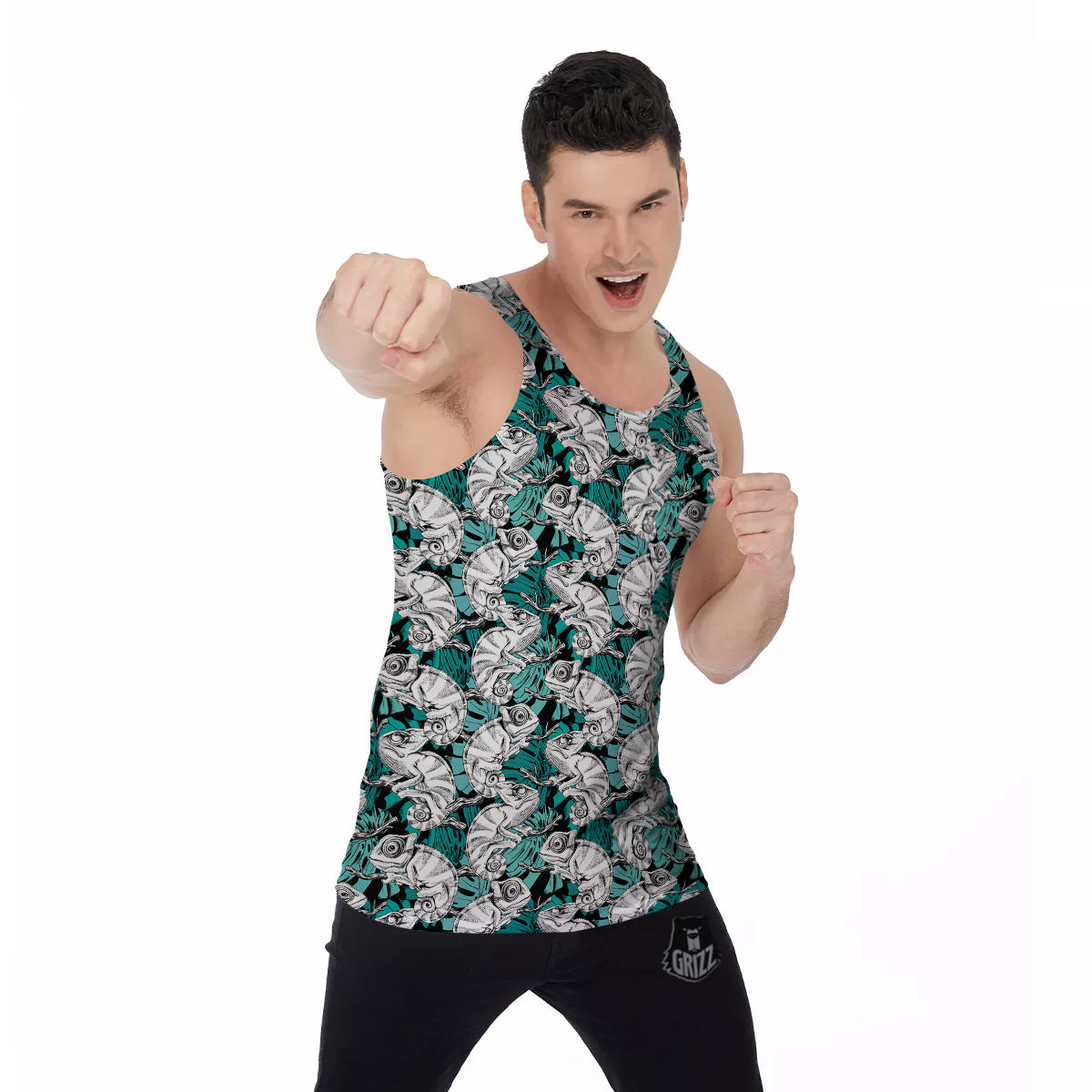 Drawing Chameleon And Monstera Leaf Print Pattern Men's Tank Top-grizzshop