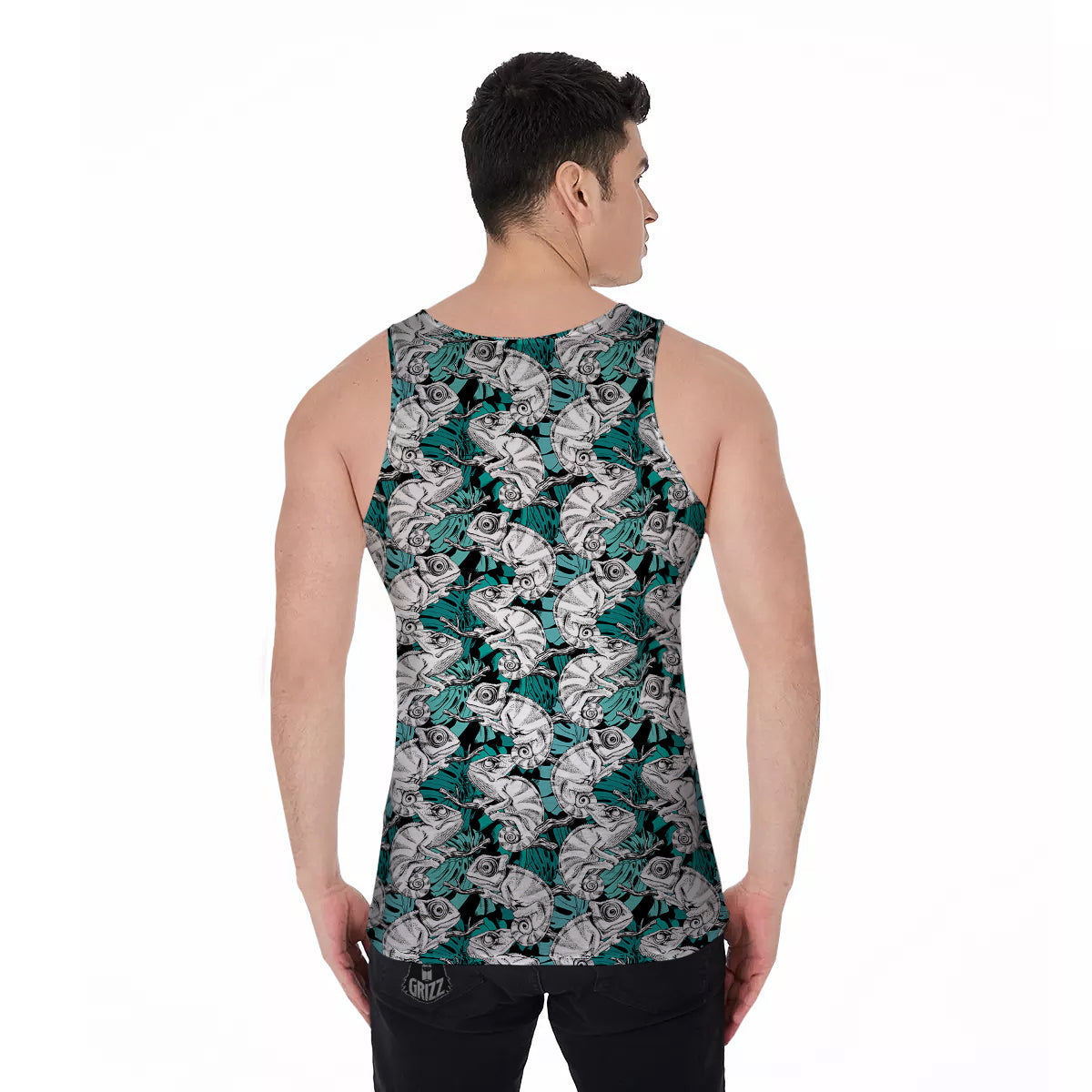 Drawing Chameleon And Monstera Leaf Print Pattern Men's Tank Top-grizzshop