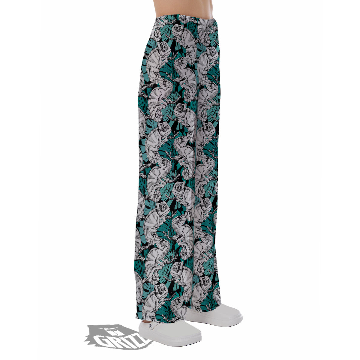 Drawing Chameleon And Monstera Leaf Print Pattern Pajama Pants-grizzshop