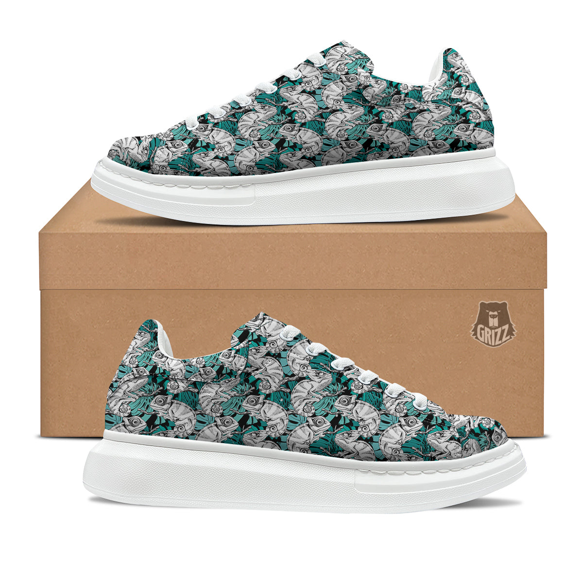 Drawing Chameleon And Monstera Leaf Print Pattern Platform Shoes-grizzshop