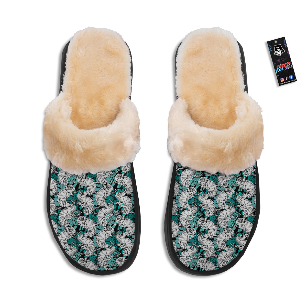Drawing Chameleon And Monstera Leaf Print Pattern Slippers-grizzshop
