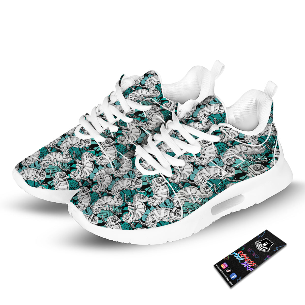 Drawing Chameleon And Monstera Leaf Print Pattern Tennis Shoes-grizzshop
