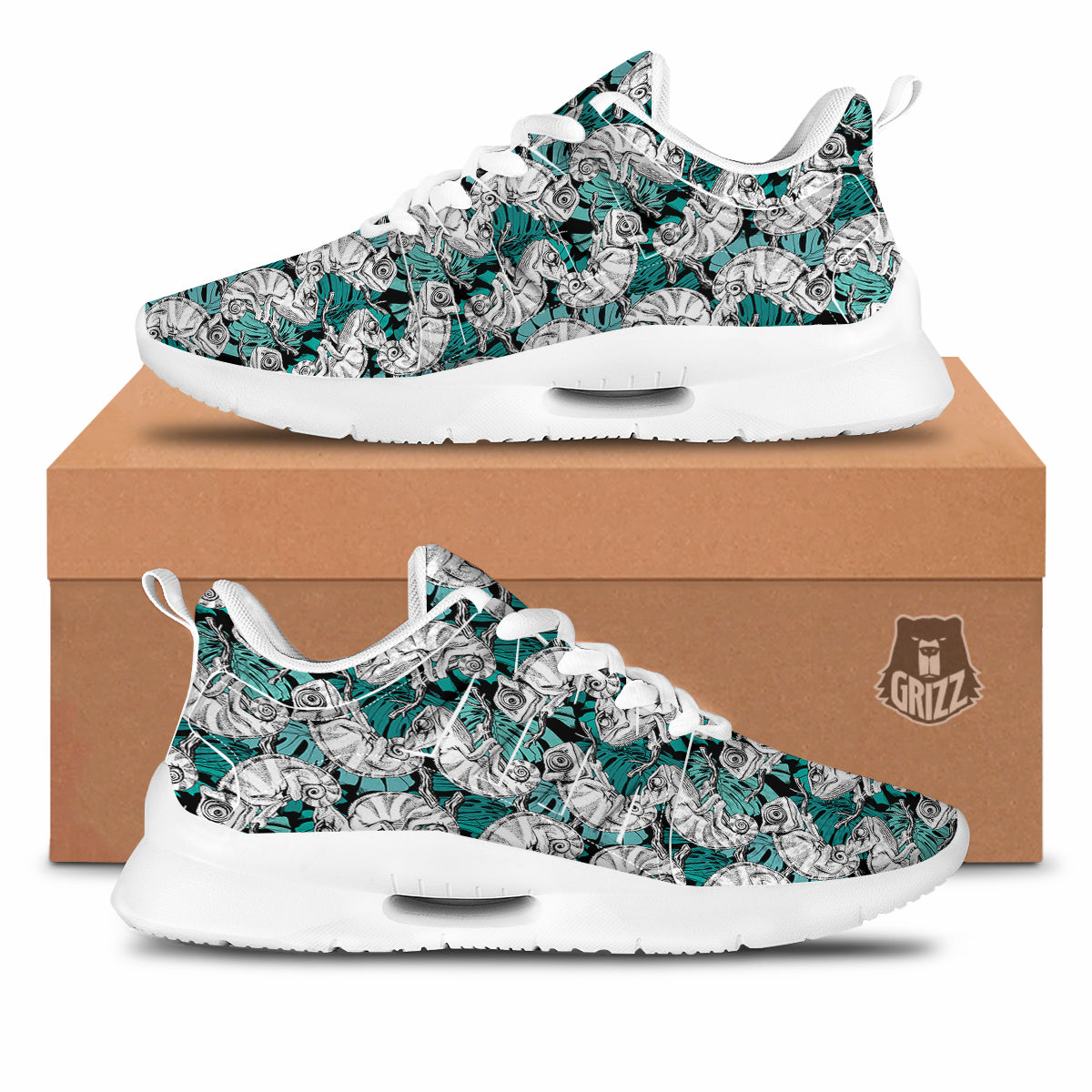 Drawing Chameleon And Monstera Leaf Print Pattern Tennis Shoes-grizzshop