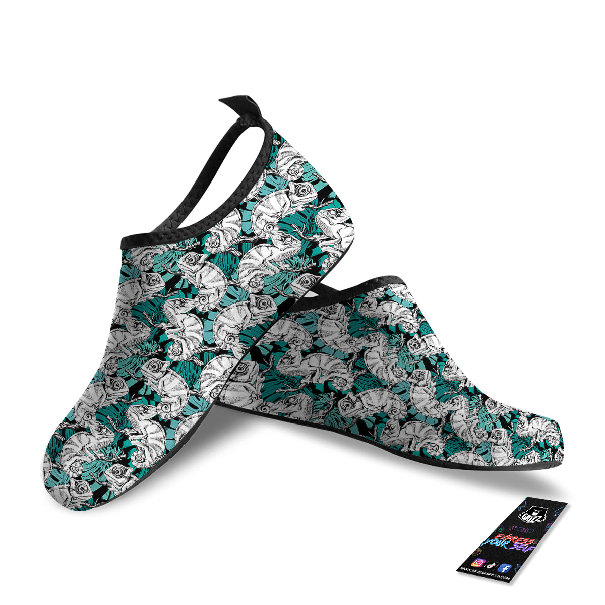 Drawing Chameleon And Monstera Leaf Print Pattern Water Shoes-grizzshop