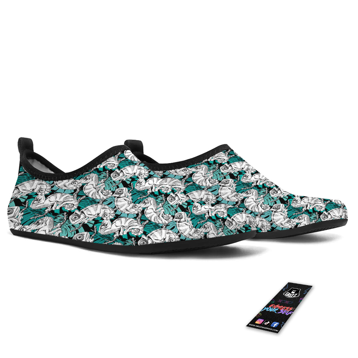 Drawing Chameleon And Monstera Leaf Print Pattern Water Shoes-grizzshop