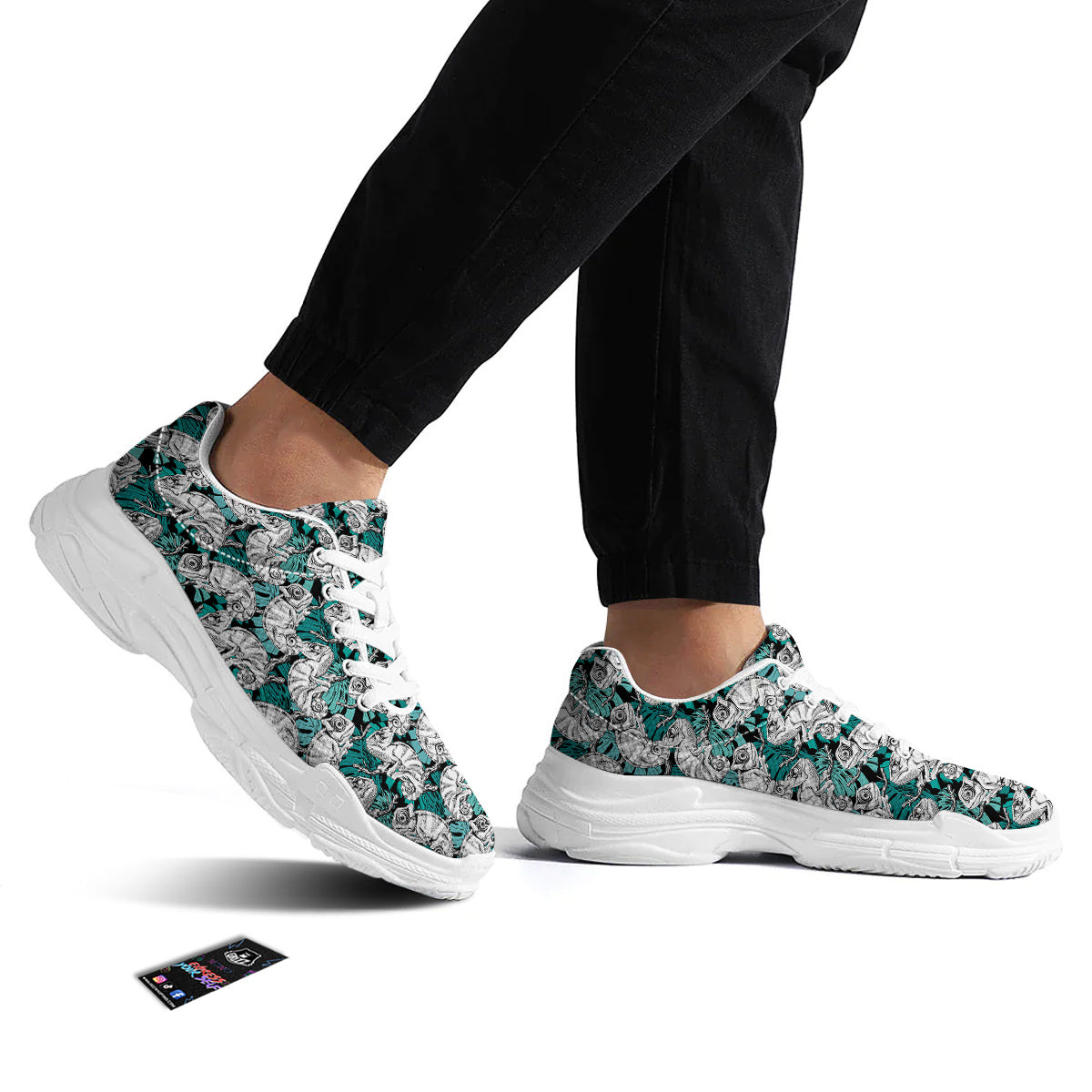 Drawing Chameleon And Monstera Leaf Print Pattern White Chunky Shoes-grizzshop